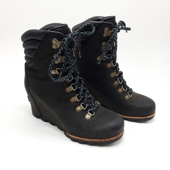SOREL | Conquest Waterproof Leather Wedge Boots in Black - Picture 1 of 9